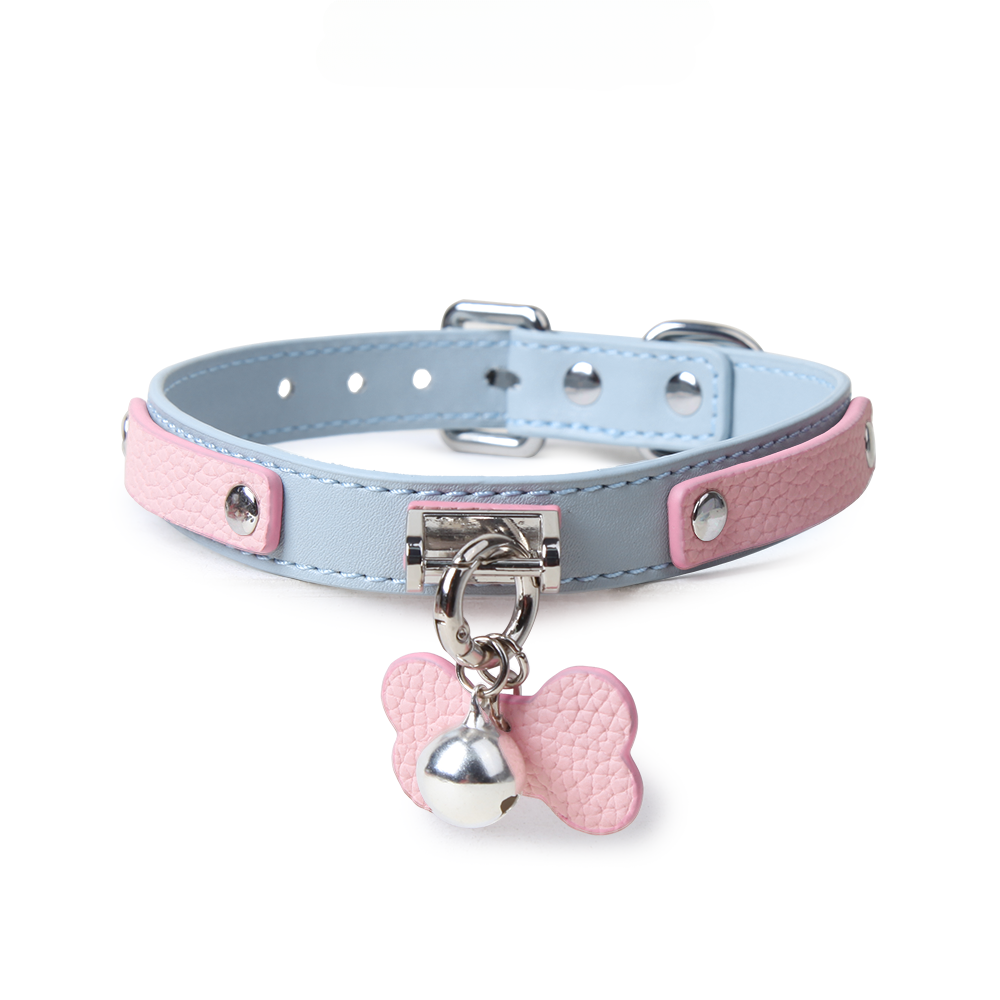 Genuine Leather Powder Blue Bell-Adorned Adult Collar
