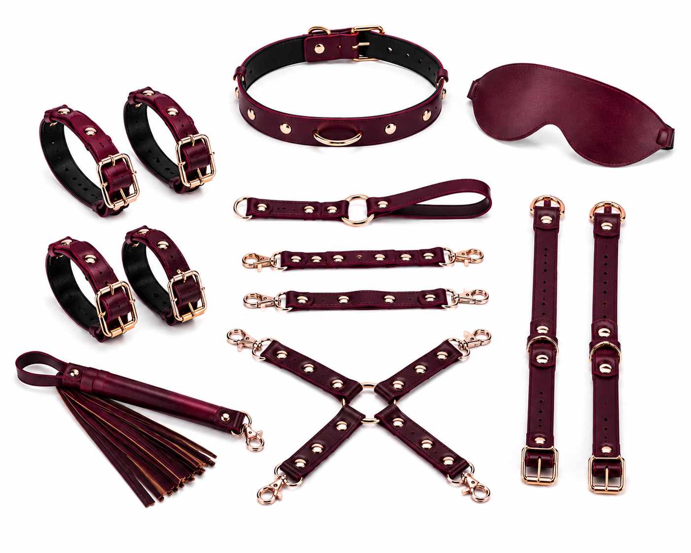 Burgundy Leather-Look Eye Mask Collar and Cuff Set