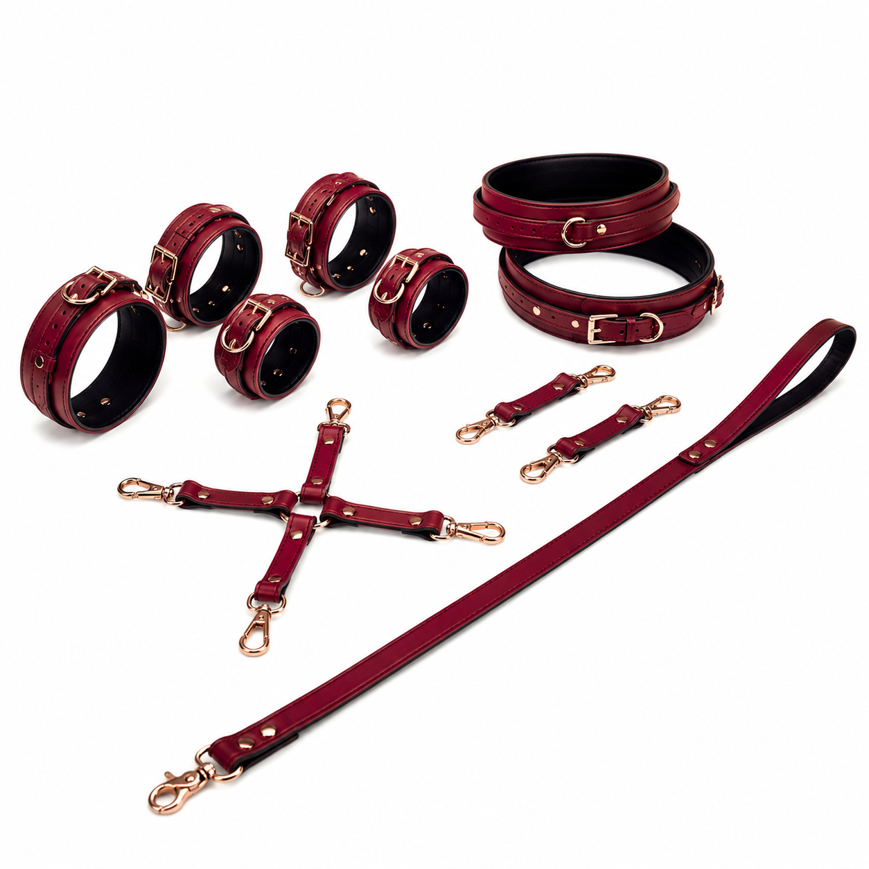 Burgundy Leather Collar and Cuff Restraint Set