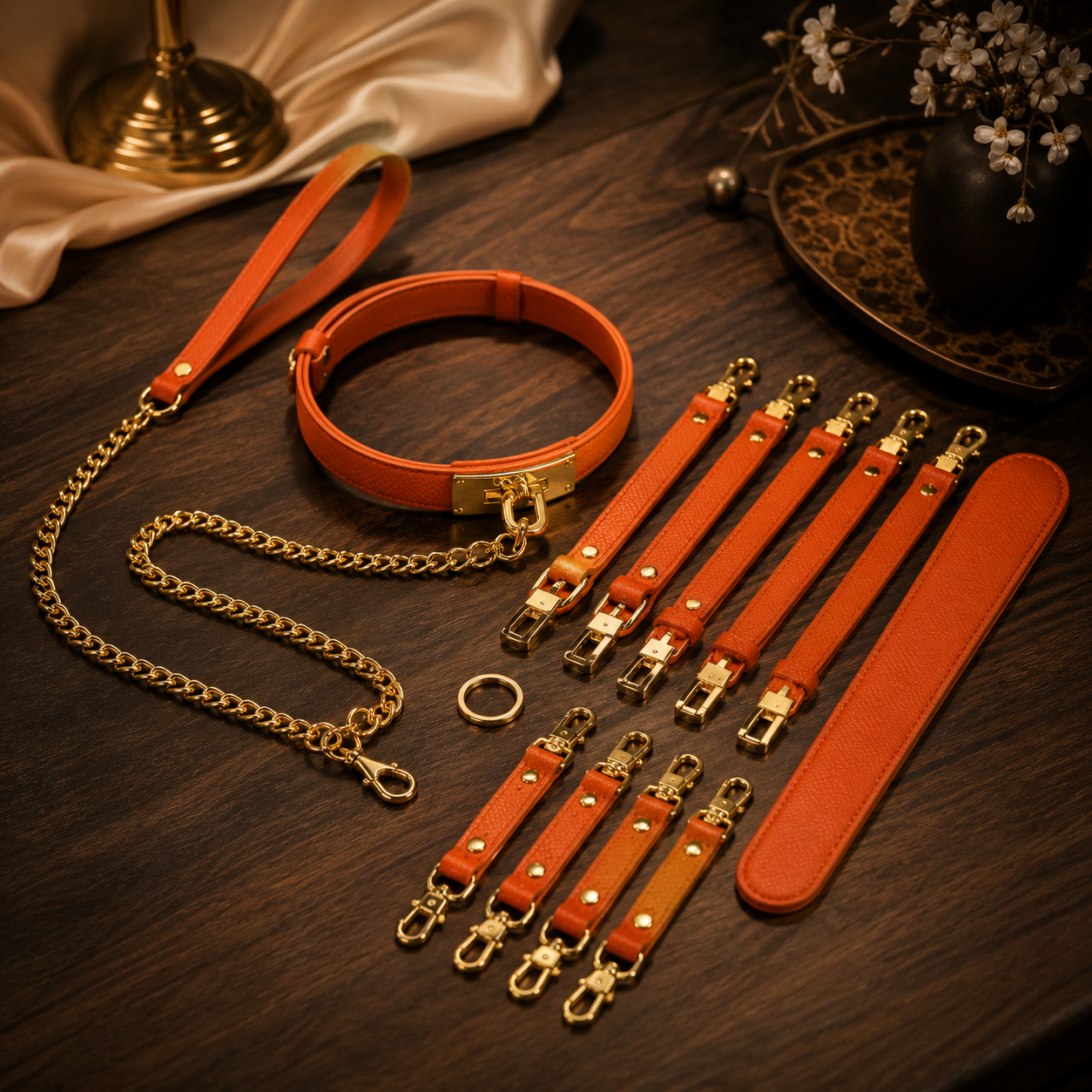 Aurelia Orange Leather Collar & Strap Set