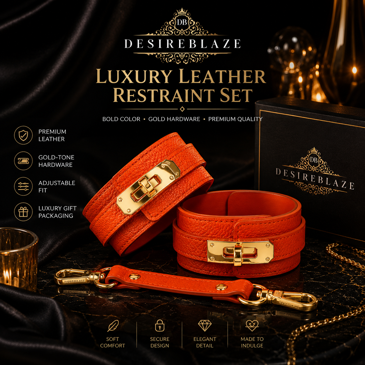 DESIREBLAZE Orange Leather Restraint Cuff Set – Gold Hardware, Adjustable Fit