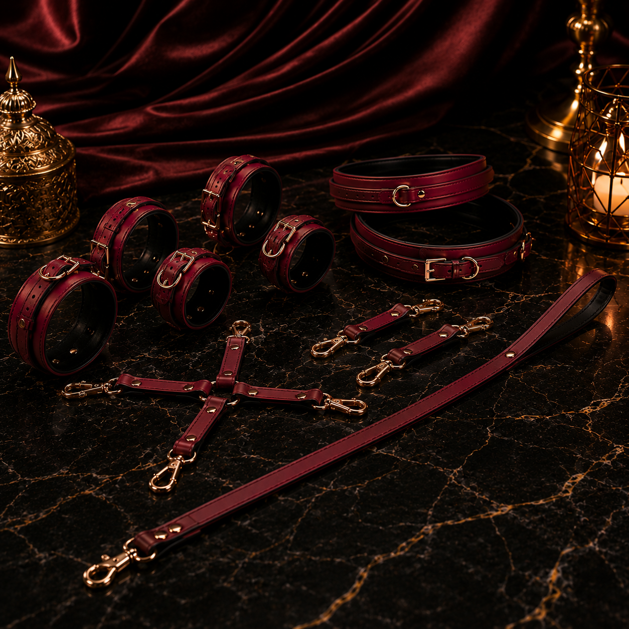 Burgundy Leather Collar and Cuff Restraint Set