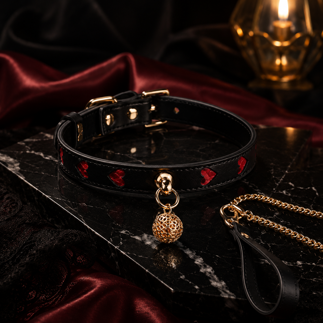 Black & Red Heart Leather Collar Set with Gold Bell Charm