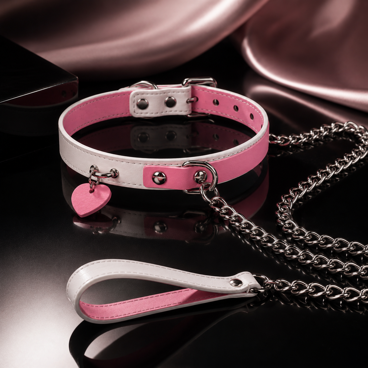 Adjustable Pink & White Leather Collar Set with Chain Leash
