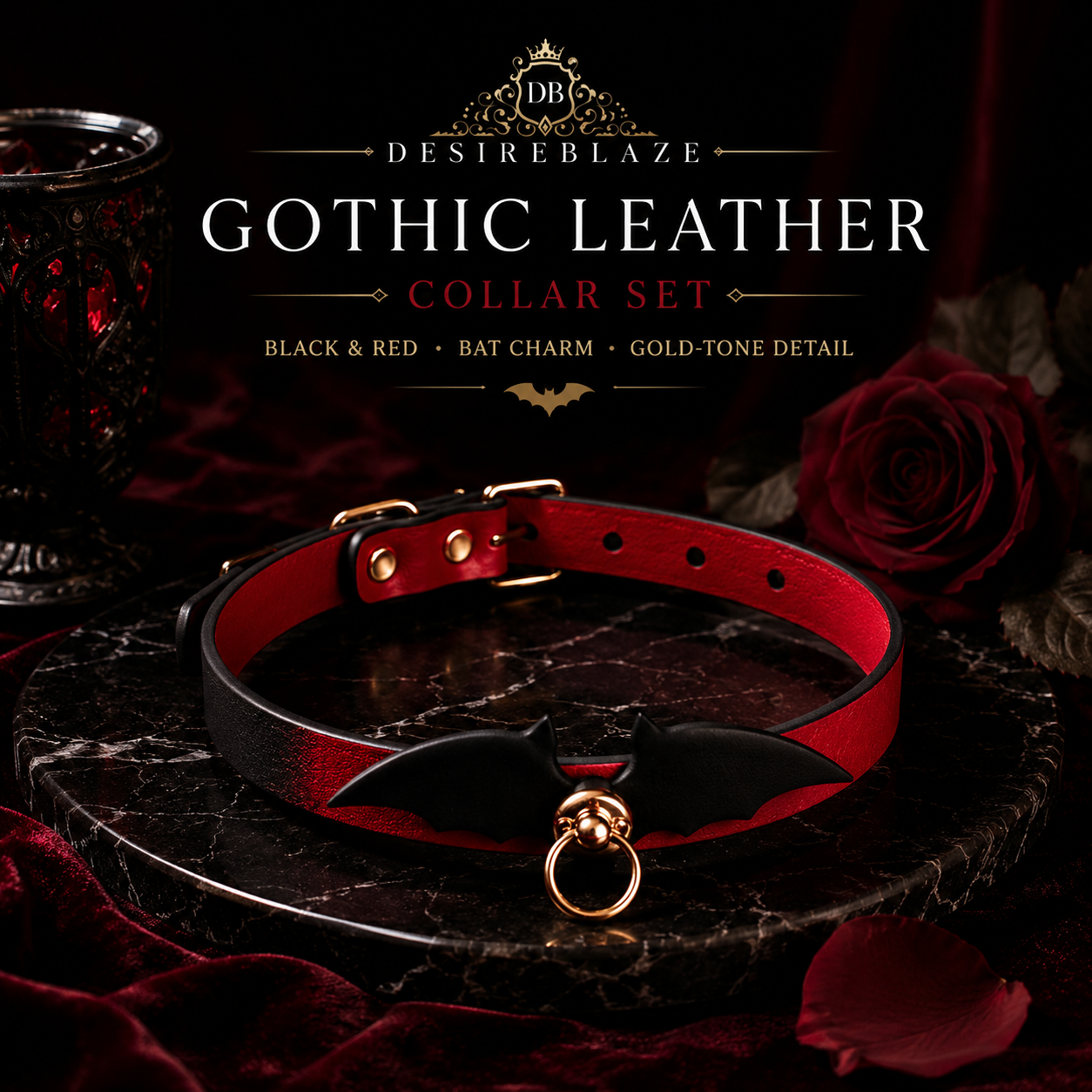 DESIREBLAZE Gothic Black & Red Leather Collar Set with Gold Chain Leash