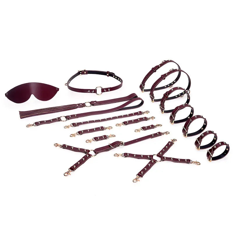 Deep Red Genuine Leather Adult Bondage Kit (Style II) - DesireBlaze