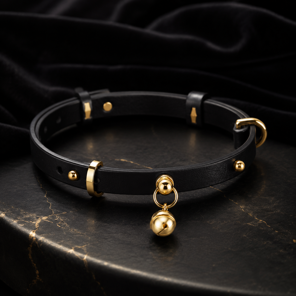 Black & Gold Leather Collar Set with Bell Charm