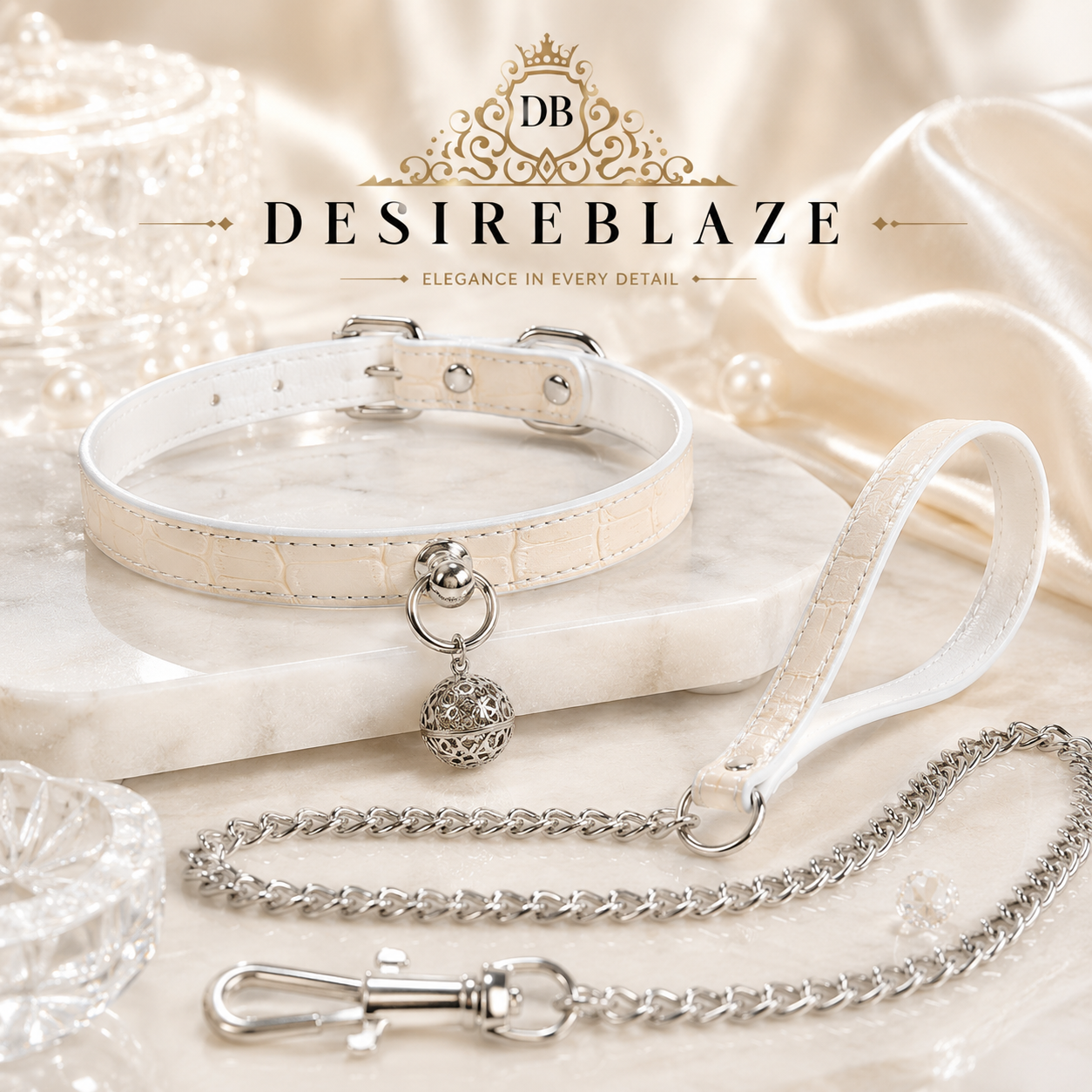 DESIREBLAZE Pearl White Leather Collar Set with Silver Chain Leash