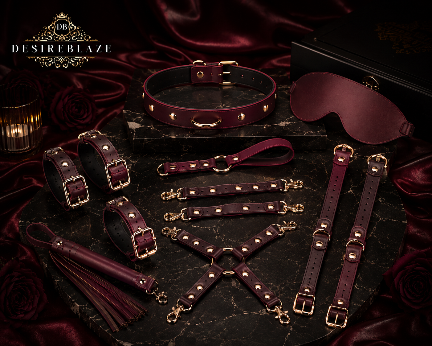 Burgundy Leather-Look Eye Mask Collar and Cuff Set