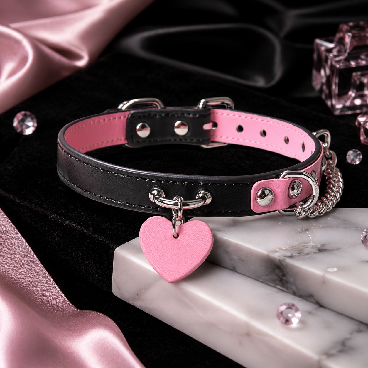 DESIREBLAZE Black & Pink Leather Collar Set with Silver Chain Leash