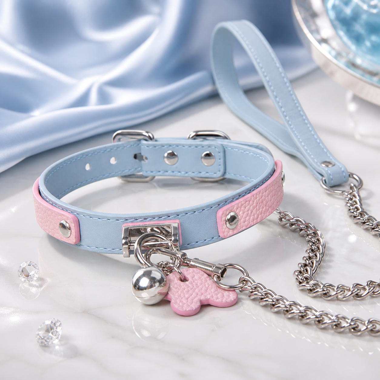 Adjustable Blue & Pink Leather Collar Set with Silver Chain Leash