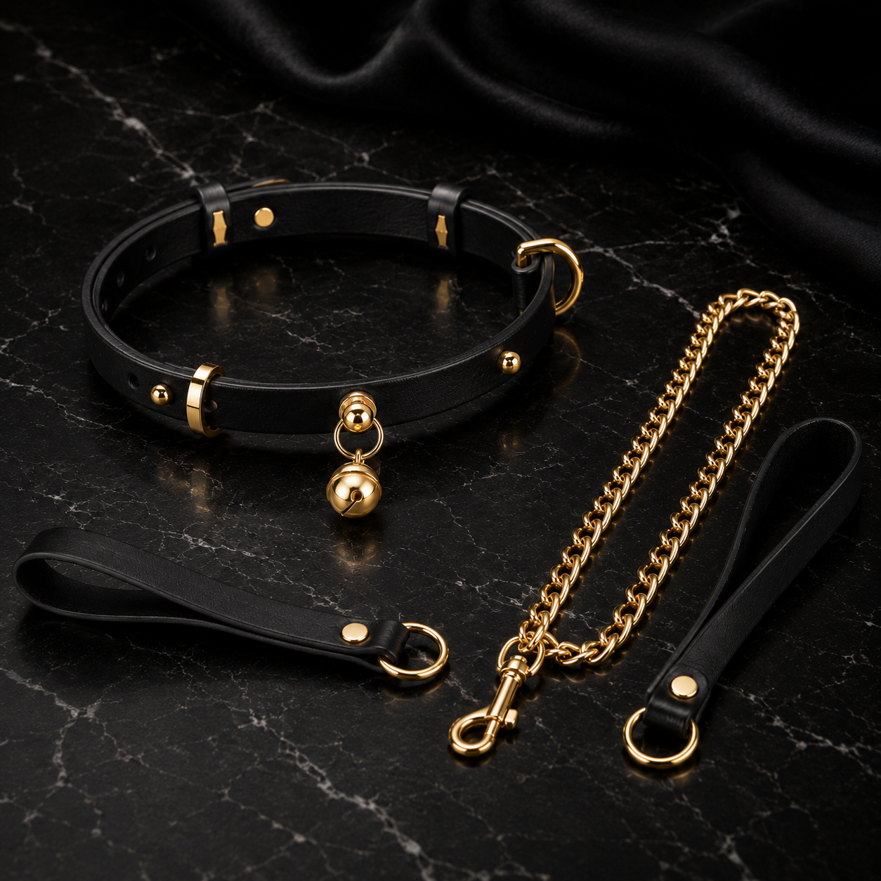 Black & Gold Leather Collar Set with Bell Charm