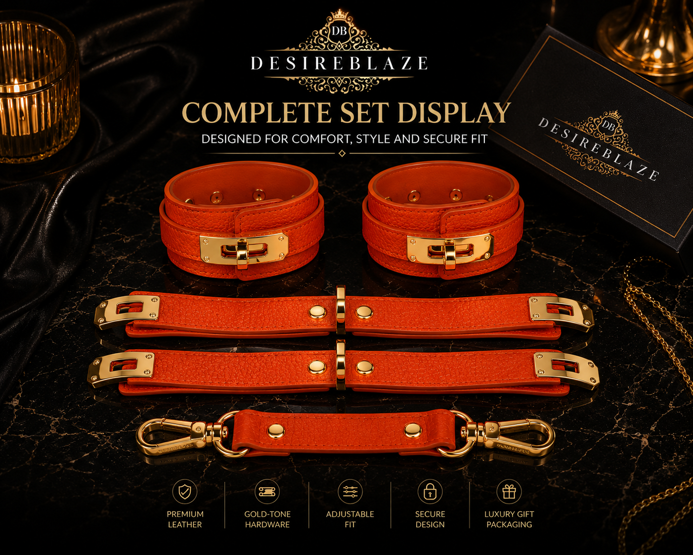 DESIREBLAZE Orange Leather Restraint Cuff Set – Gold Hardware, Adjustable Fit