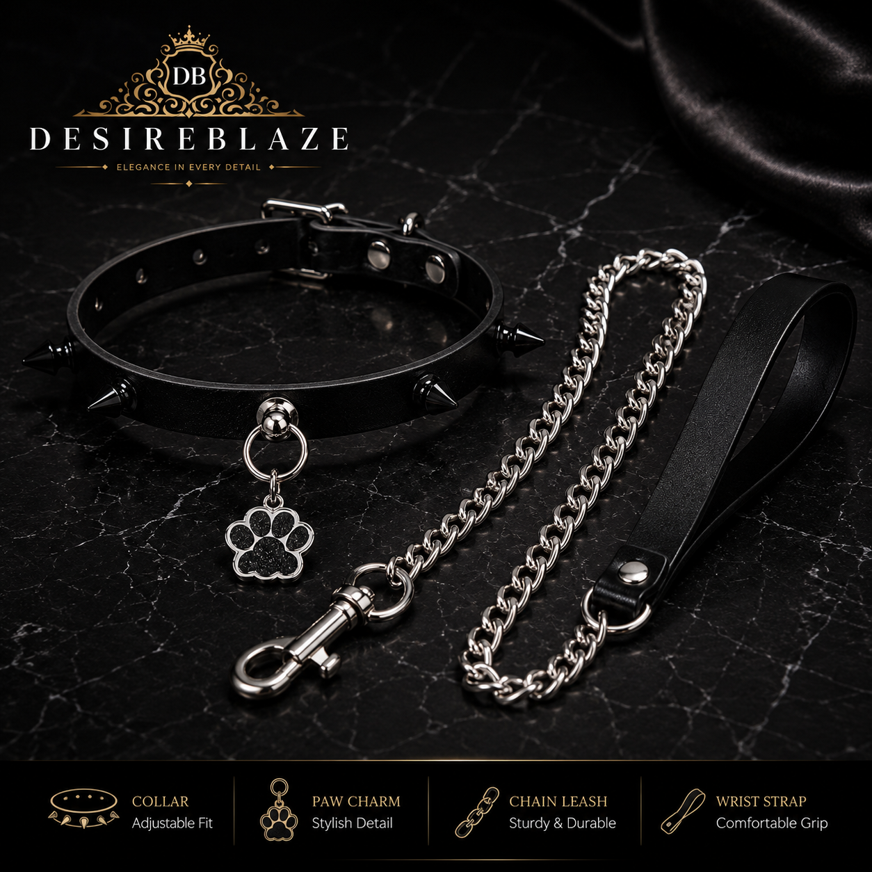 Adjustable Black Spiked Collar and Leash Set with Silver Hardware