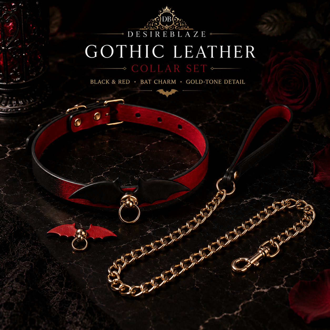 DESIREBLAZE Gothic Black & Red Leather Collar Set with Gold Chain Leash