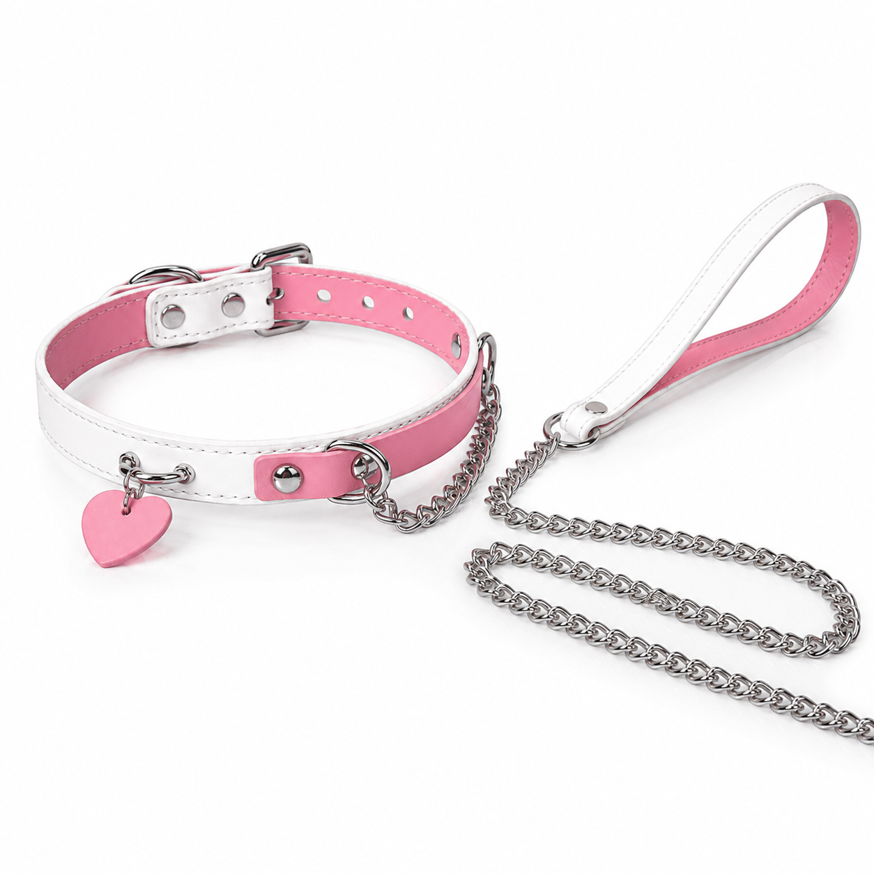Adjustable Pink & White Leather Collar Set with Chain Leash