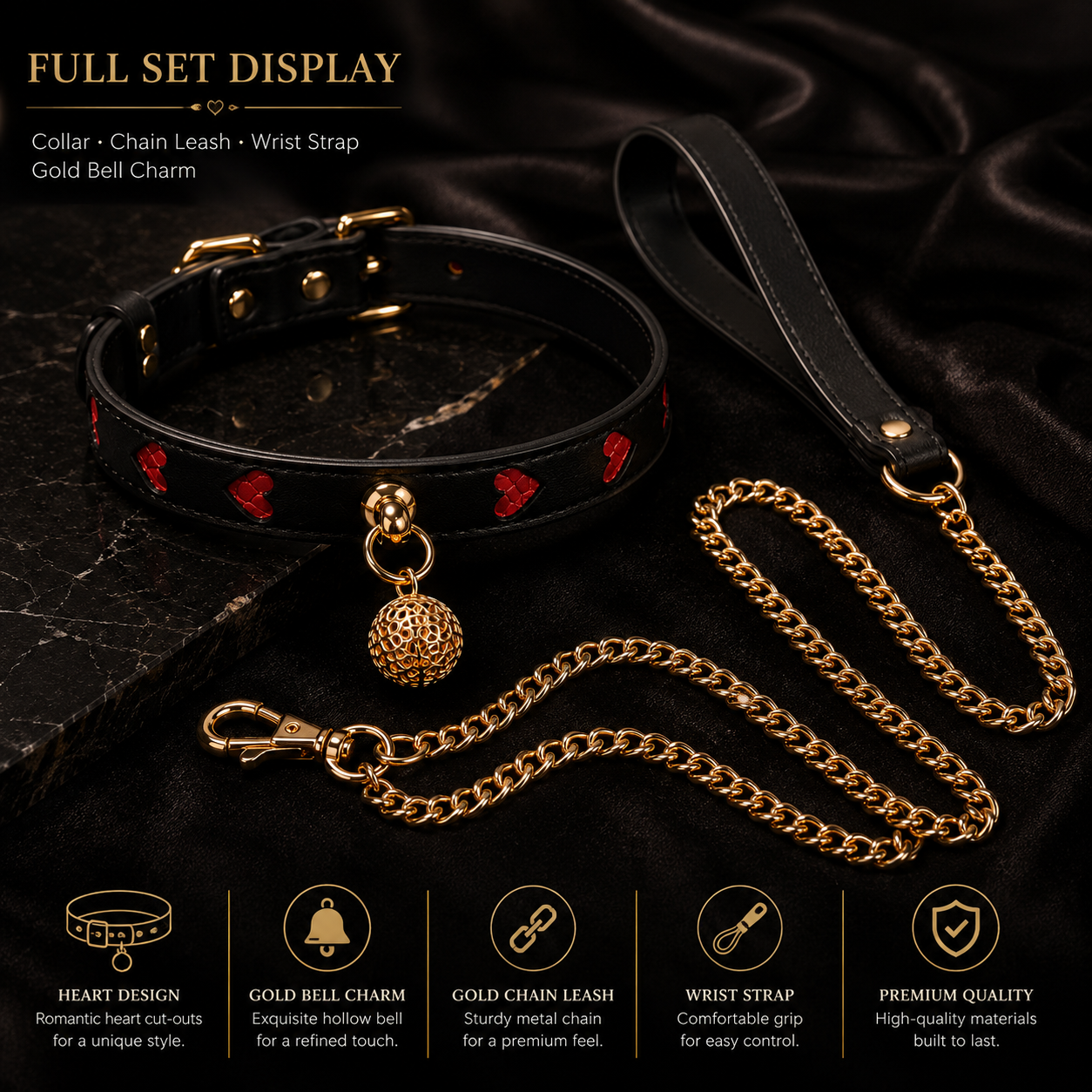 Black & Red Heart Leather Collar Set with Gold Bell Charm