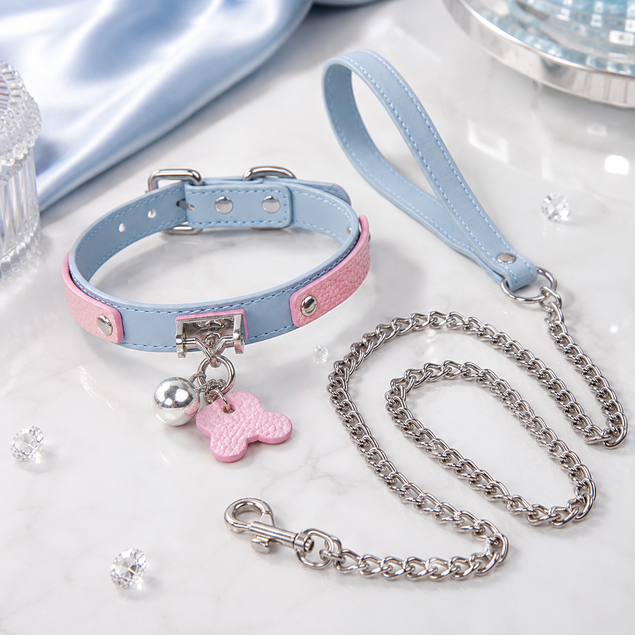 Adjustable Blue & Pink Leather Collar Set with Silver Chain Leash