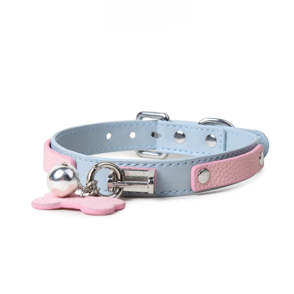 Genuine Leather Powder Blue Bell-Adorned Adult Collar DesireBlaze