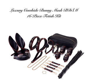 Luxury Cowhide Bunny Mask BDSM 16-Piece Fetish Kit - DesireBlaze